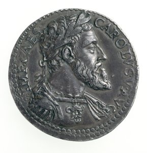 チャールズ5世のテストワン（1500-58）ミラノ公爵、染料、1535-56（表側）（銀色）で刻印（裏側は168055を参照）