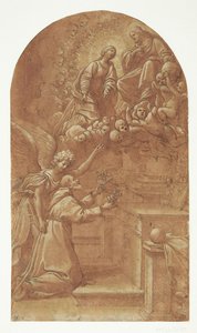 天使に支えられて跪くフランシスコ会士 (Frans of Assisi?) が、即位したキリストに向けて両手で花を差し出しています。 作： Leonello Spada