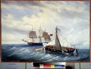 英露戦争 (1807-1812) 中の 1808 年 7 月 11 日の、ナルゲン島 (カスピ海) 沖でのロシアの小型船 Opyt とイギリスのフリゲート艦との間の海戦。 (ロシアの小型船オピュトと t の間の海戦 作： Leonid Demyanovich Blinov