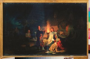 休憩中のコメディアン。 （俳優たちは、夕暮れ時に、カントリーハウスの中庭で松明の周りでセリフをリハーサルします。その近くには、サモワールとカップのあるテーブル、防水シートの下の舞台装置があります）。 しし座の絵 作： Leonid Ivanovich Solomatkin