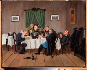 居酒屋で。 Leonid Ivanovich Solomatkin (1837-1883) による絵画、キャンバスに油彩。 ロシア美術 作： Leonid Ivanovich Solomatkin