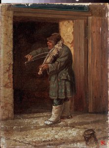 ミュージシャン。 （田舎の建物の入り口の前で演奏する物乞いのバイオリニスト）。 Leonid Ivanovich Solomatkin (1837-1883) の絵画 作： Leonid Ivanovich Solomatkin