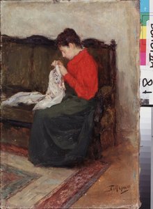 職場で。 Leonid Osipovich Pasternak (1862-1945) による絵画、キャンバスに油彩。 19～20世紀のロシア美術、現代美術。 Regional Art Gallery、ヴォログダ (ロシア)。 作： Leonid Osipovic Pasternak