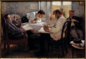 試験前夜 試験の復習をする学生たち。 Leonid Osipovich Pasternac (1862-1945) による絵画 1895 日。 0,39x0,55 m パリ、オルセー美術館 注意！ この作品の使用は、第三者の承認要求または追加料金の対象となる場合があります 作： Leonid Osipovic Pasternak