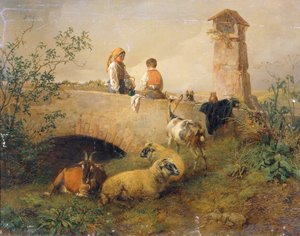 男の子と女の子と羊とヤギ 作： Leopold Brunner d. J.
