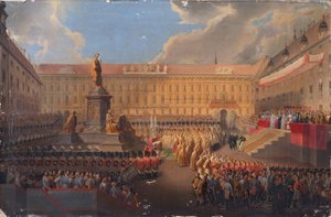 1846 年 6 月 19 日、ウィーンのフランツェンスプラッツで、オーストリア皇帝フランツ 1 世の記念碑が除幕されました。 作： Leopold Bucher
