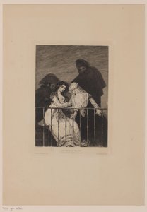 2 人の女性と 2 人の男性が後ろに隠れている Les majas au balcon (オブジェクトのタイトル) 作： Leopold Flameng
