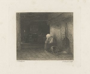 暖炉のそばで女性とインテリア 作： Leopold Lowenstam