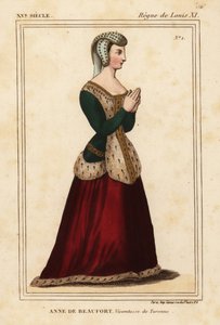 アンヌ・ロジェ・ド・ボーフォール、テュレンヌ子爵夫人 1435-1479年ロジェ・ド・ジェニエールのポートフォリオVI 11、『Le Bibliophile Jacob』別名ポール・ラクロワの『Costumes Historiqu』所収のナントのコルドリエール教会のステンレスガラス窓を模した手彩色リトグラフ。 作： Leopold Massard