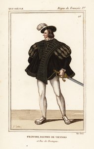 1518-1536年 ブルターニュ公フランソワ3世ウィーンのイルカ、ブルターニュ公フランソワ。J.B.ゴーティエによる手彩色リトグラフ、ロジェ・ド・ジェニエールのポートフォリオVIII 14の肖像画による。