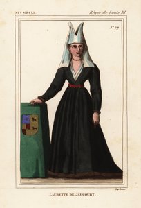 ロジェ・ド・ジェニエールのポートフォリオVII 49の細密画をもとにした手彩色リトグラフ、『Le Bibliophile Jacob』、別名ポール・ラクロワの『Costumes Historique de la France』より。 作： Leopold Massard