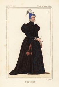 ルイーズ・ラベ（ラ・ベル・コルディエール） 1526-1566年 フランスの詩人。音楽家、馬術家、弓術家、剣術家、言語学者。ロジェ・ド・ジェニエールのポートフォリオVIII 82の肖像画をもとにした手彩色リトグラフ。 作： Leopold Massard