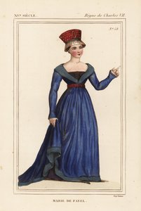 ダンマルタン伯爵夫人、ルノー・ド・ナントゥイユの妻、ジャン・ド・ファイエルの妹。Roger de GaignieresのポートフォリオVI 123にあるHistoire du Comte Gerard de Neversの細密画を模した手彩色リトグラフ。