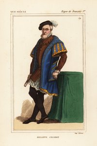 フィリップ・シャボー、ブリオン領主、シャルニー伯爵、ブリオン提督、フランス提督、1543年没。ル・ビブリオフィル・ジャコブ、別名ポール・ラクロワの『Costumes Historique de la France（フランスの歴史的衣装）』所収のロジェ・ド・ジェニエールのポートフォリオにある肖像画をもとにした手彩色リトグラフ。 作： Leopold Massard