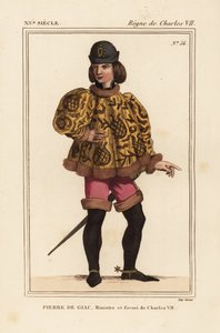 ピエール・ド・ジャック、1377年から1426年まで国王シャルル7世の侍従長。ダン＝ル＝ロワで溺死。マホワートル袖の短いカソック、ピンクのズボン、拍車付きのブーツを着用。手稿Histoire du Roiの細密画をもとにした手彩色リトグラフ。 作： Leopold Massard