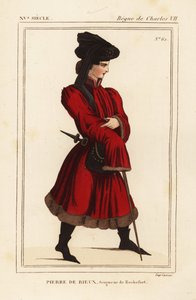 ロシュフォール領主ピエール・ド・リュー1389-1439年。ロジェ・ド・ジェニエールのポートフォリオVI 136の肖像画をもとにした手彩色リトグラフ。 作： Leopold Massard