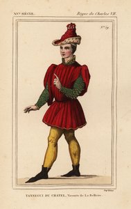 1477年没、ブルターニュ公フランシス2世のホテルのグランド・マスター、ラ・ベリエール子爵、タンネギー4世・デュ・シャテル。ロジェ・ド・ジェニエールのポートフォリオVI 132にあるエステルとモルデカイを描いたタペストリーの人物を模した手彩色リトグラフ。