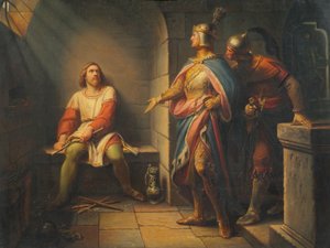 バイエルンのルートヴィヒは、1314年にフリードリヒ・ザ・ハンサムへの釈放を発表し、彼に共同摂政を提供します 作： Leopold Schulz