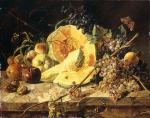 果物、ナッツ、昆虫のある静物、1835 作： Leopold Zinnogger