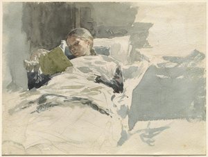 ベッドで読書する芸術家の妻 作： Leopold von Kalckreuth