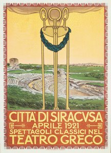 イタリア、シラクサのギリシャのアリーナでの劇場シーズンの広告ポスター 作： Leopoldo Metlicovitz
