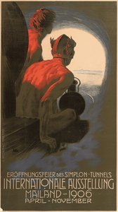 トランツアルパインシンプロントンネルの開通を祝うために組織されたミラノでの1906年国際展示会を宣伝するドイツのポスター 作： Leopoldo Metlicovitz