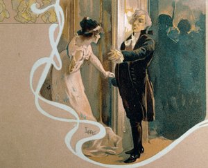 ジャコモ・プッチーニ (1858-1924) のオペラ「トスカ」のシーンを描いた、レオポルド・メトリコヴィッツ (1868-1944) による絵はがき 作： Leopoldo Metlicovitz
