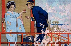 ブレシアでの「蝶々夫人」の初演のために作成されたポストカード 作： Leopoldo Metlicovitz