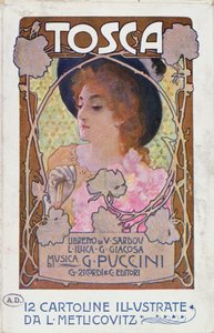 プッチーニ作曲のオペラ「トスカ」のスコアシートのタイトルページ、1910年頃（カラーリトグラフ 作： Leopoldo Metlicovitz