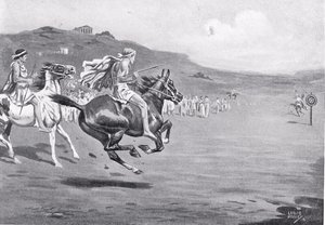 ジャベリンを投げるギリシャの騎手、「ハッチンソンの国家の歴史」、1915年のイラスト 作： Leslie Mosley