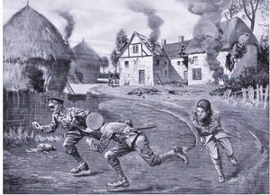 クーパー軍曹と2人の仲間は、農家と数軒のレンガに火をつけた後、敵の攻撃を受けながらも颯爽と立ち去った（DCM）（リトグラフ）。