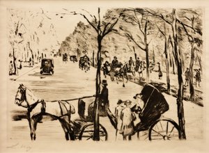 フォアグラウンドに馬車があるティーアガルテンのアベニュー 作： Lesser Ury
