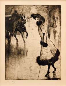 馬車に乗ったタクシーを呼ぶ女性 作： Lesser Ury