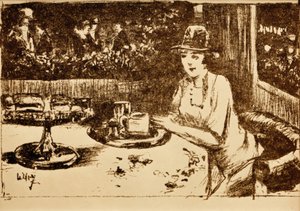 コーヒーハウスで。ポーチのテーブルで女性 作： Lesser Ury