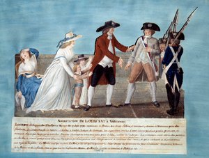 1791年6月22日ヴァレンヌでのルイ16世の逮捕 ルスール兄弟のグアッシュ（18世紀） 1791年パリ、カルナヴァレ美術館 作： Lesueur Brothers