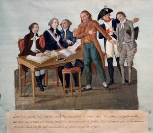 ヴァンデ戦争のために若者を要求する（父親が息子に兵役に就けないことを示して身代わりになる）。18世紀のレスール兄弟による版画。パリ、カルナヴァレ美術館 作： Lesueur Brothers