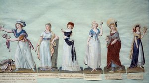 革命期のフェミニンなファッションを象徴するさまざまな若い女性たち。ルスール兄弟のグワッシュ（18世紀） パリ、カルナヴァレ美術館 作： Lesueur Brothers