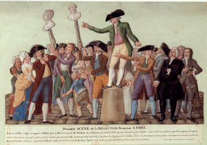 パリにおけるフランス革命の最初の場面：1789年12月7日、国王がジャック・ネッケルを解任した後、カミーユ・デムーランがパレ・ロワイヤルで群衆に嫌がらせをし、政府に対する反乱を呼びかけた。ジャック・ネッケルとルイ・フィルの胸像 作： Lesueur Brothers