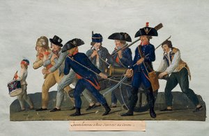 フランス革命。"カノン砲の練習に行く若者たち" レズール兄弟（18世紀）のエングレーヴィング。パリ、カルナヴァレ美術館 作： Lesueur Brothers