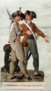 フランス革命。「大砲のそばで派手にポーズをとる市民」。Lesueur兄弟のガッシュ。18世紀パリ、カルナヴァレ美術館 作： Lesueur Brothers