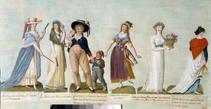 1789年のフランス革命。革命時代の女性のファッション（革命の女）。フレール・レスールのグワッシュ（18世紀）。パリ、カルナヴァレ美術館。 作： Lesueur Brothers