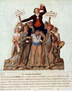 フランス革命。"the triumph of Marat" ジャン＝ポール（ジャン・ポール）・マラット（1743-1793）は、国民会議でのパリの代議士であり、民衆のために金持ちに対抗する暴力的な立場をとったため、民衆から勝利のベアを受けた。グアッシュ・デ・フレール・レジュ 作： Lesueur Brothers