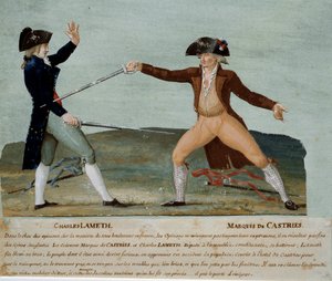 フランス革命：1790年11月12日、制憲議会の代議員シャルル・ラメス（1757-1832）と貴族の代議員カストリ侯爵（1756-1842）が決闘を行う。カストリーズ侯爵はラメスに傷を負わせ、ジャコバン派の人々は彼のホテルに押しかけた。グワッシュ 作： Lesueur Brothers