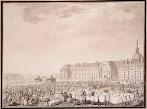 フランス革命：1789年7月14日にアンヴァリッドで武器を取る。Lesueur兄弟のリトグラフ（18世紀 作： Lesueur Brothers