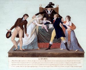 共和国の離婚：フランス革命当時、離婚しようとする妻同士の和解の場面で、不倫した夫が愛人を押し返し、妻は子供を抱きしめている。18世紀。ルスール兄弟のグァッシュ、カルナヴァル美術館蔵