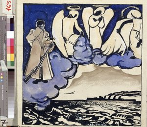 ""戦争。 ロシア。 1914"" 第一次世界大戦のアレゴリー。 兵士と天使。 Lev Bruni (1894-1948) 作のペンとガッシュ 1914 国立歴史、建築、芸術博物館、ルイビンスク、ロシア 作： Lev Aleksandrovitc Bruni
