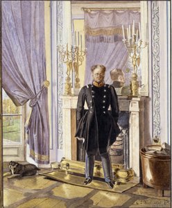 暖炉の前に立つ、ロシア大公コンスタンチン・パブロヴィチ (1779-1831) の肖像画。 (暖炉でロシアのコンスタンティヌス ・ パブロヴィチ大公の肖像)。 Lev Ivanovich Kiel (?-1851) の作品、紙に水彩 作： Lev Ivanovich Kiel