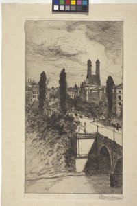 Maximiliam-katu ja Frauenkirche, München, Baijeri (etsaus)