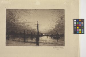 ケルン近くのライン川の夕日 (エッチング) 作： Lewis Henry Meakin