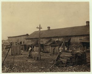 沼地に囲まれ、古い貝殻の山に囲まれた、1912年にサウスカロライナ州ポートロイヤルのMaggioni Canning Co.の約50人の従業員のための住宅 作： Lewis Wickes Hine
